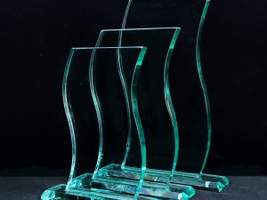 Three wavy rectangle glass awards from Awards By Hammond